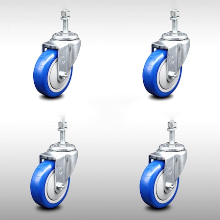 Service Caster 4 Inch SS Blue Polyurethane Wheel Swivel 10mm Threaded Stem Caster Set SCC SCC-SSTS20S414-PPUB-BLUE-M1015-4